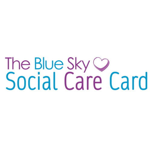 Blue Sky Social Care Card logo with purple and blue writing and a purple heart icon