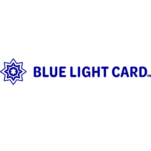 Blue Light Card logo, blue writing with a blue star icon