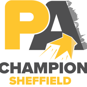 PA Champion Sheffield logo. Yellow and dark grey logo with a star